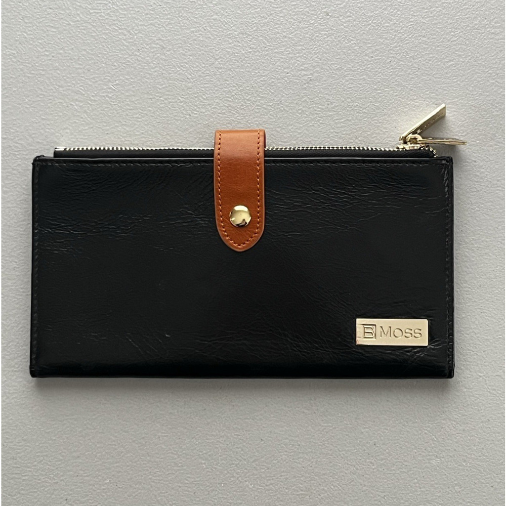 B Moss Leather Slim Bi Fold Wallet Black Clutch Card Holder Large